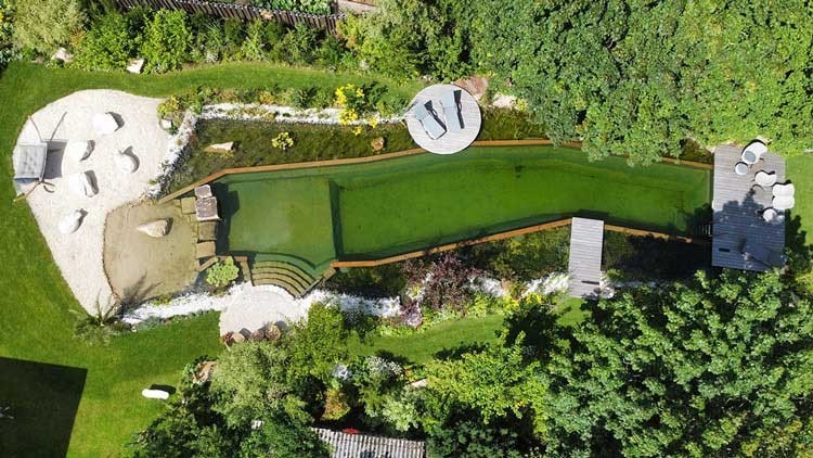 Birds eye view of a natural pond in a tranquil green setting