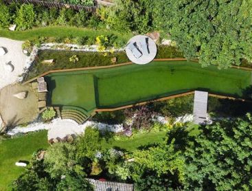 Birds eye view of a natural pond in a tranquil green setting