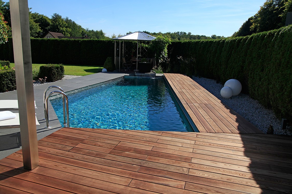 bio pool with stainless steel and natural stone