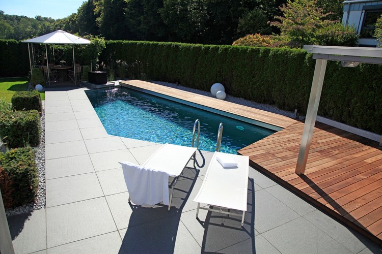 bio pool with stainless steel and natural stone