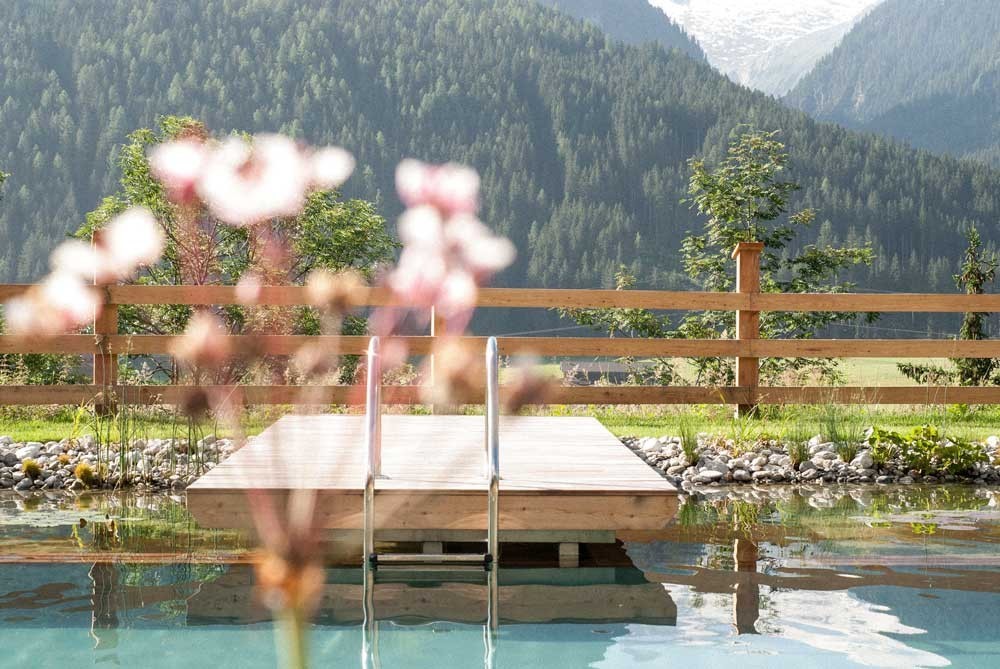 Wooden walkway of a biopool with flowers and mountain view in the background