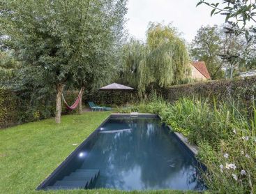 Natural pool in a quiet garden with willow tree, lawn and planting