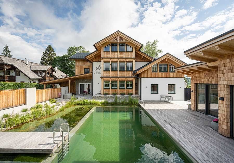 Hotel das Salzberg in Bad Aussee with a natural Biotop pool