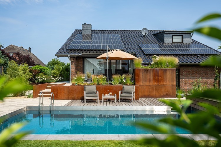 Natural pool in a harmoniously designed garden