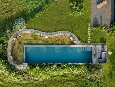 Modern natural pool with infinity design and regeneration zone viewed from above