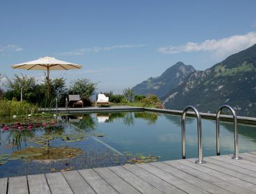 natural pool in Switzerland with view on lake