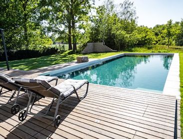 Nature pool in the garden with wooden terrace