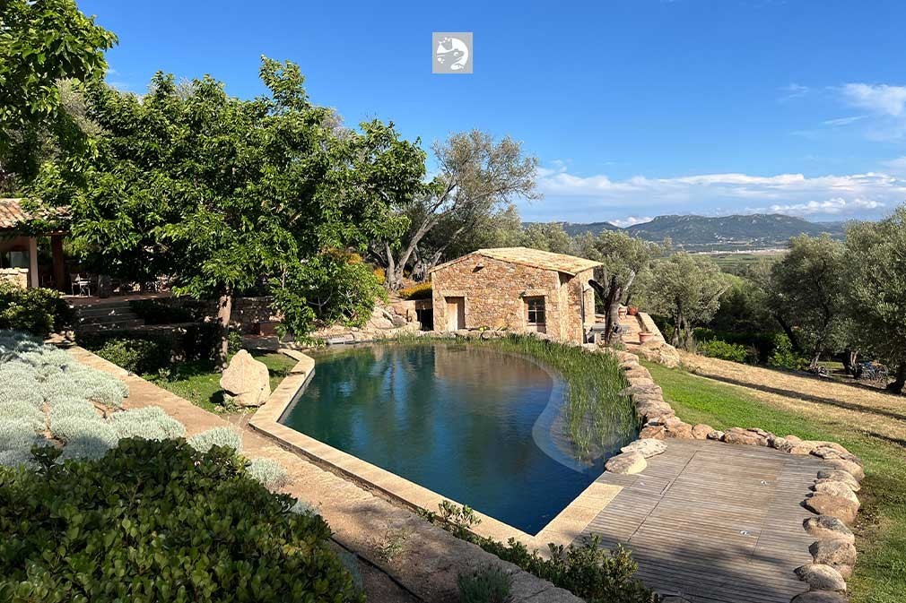 Swimming Pond with stone house and wooden deck overlooking the landscape