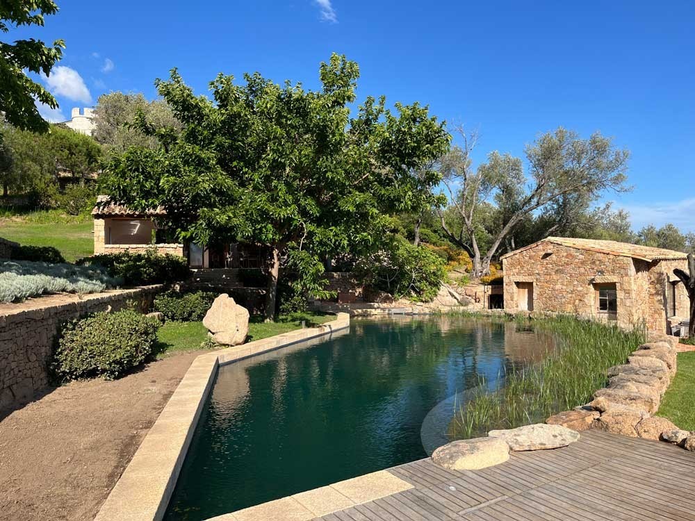 Swimming Pond with wooden deck and stone house in Mediterranean setting