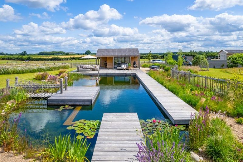 The biotope swimming pond with wooden footbridge in the countryside